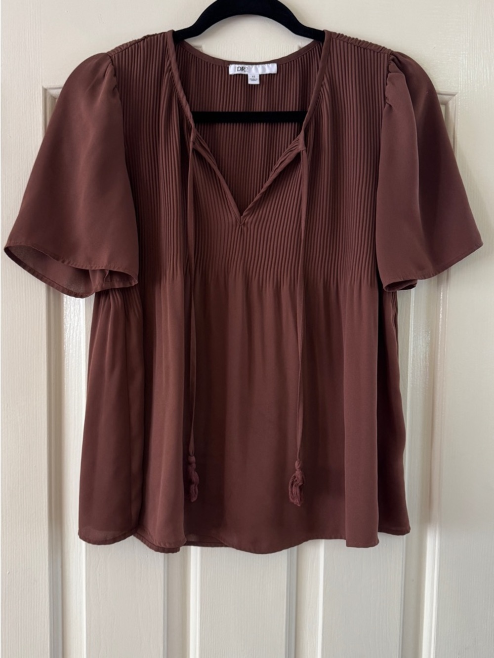 DR2 Chocolate Brown Pintuck Tie-Neck Blouse